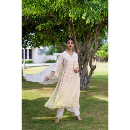 MINSH Citrine Ombre Beige Anarkali Kurta With Pant And Dupatta (Set of 3)