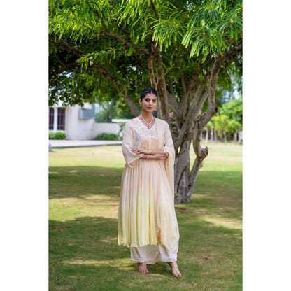 MINSH Citrine Ombre Beige Anarkali Kurta With Pant And Dupatta (Set of 3)
