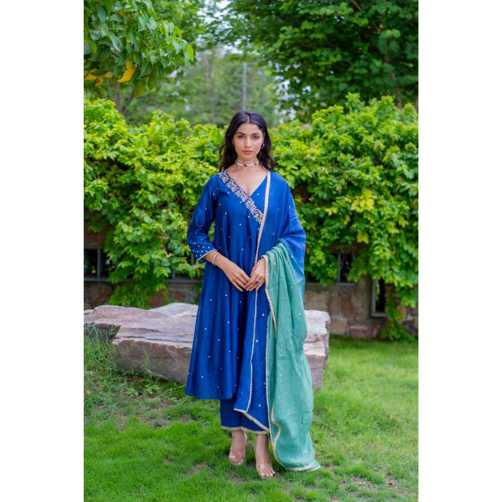 MINSH Royal Blue Angrakha Kurta With Pant And Dupatta (Set of 3)
