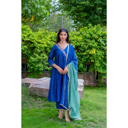 MINSH Royal Blue Angrakha Kurta With Pant And Dupatta (Set of 3)