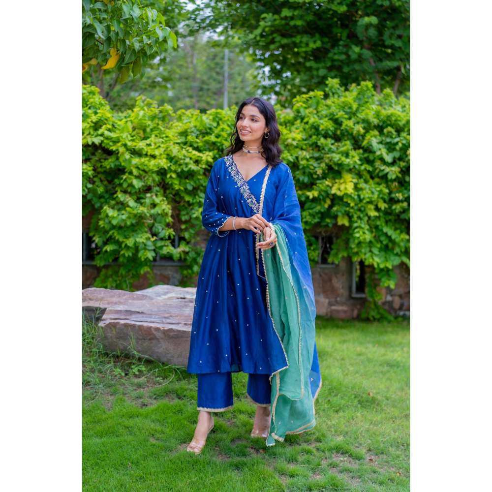 MINSH Royal Blue Angrakha Kurta With Pant And Dupatta (Set of 3)