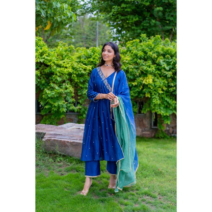 MINSH Royal Blue Angrakha Kurta With Pant And Dupatta (Set of 3)