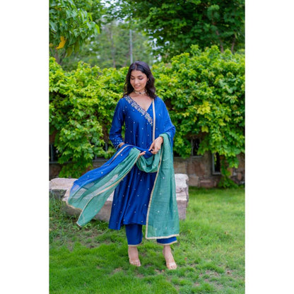 MINSH Royal Blue Angrakha Kurta With Pant And Dupatta (Set of 3)