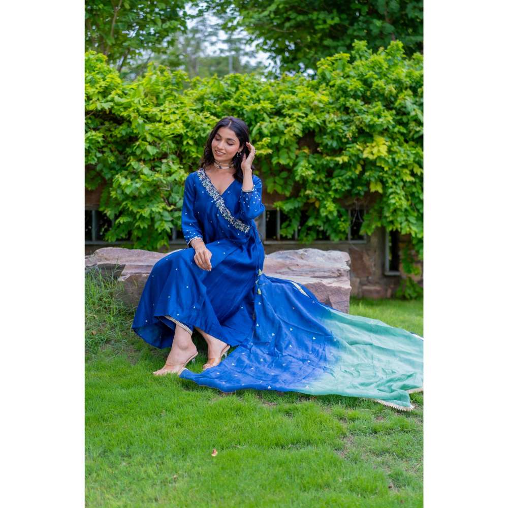 MINSH Royal Blue Angrakha Kurta With Pant And Dupatta (Set of 3)