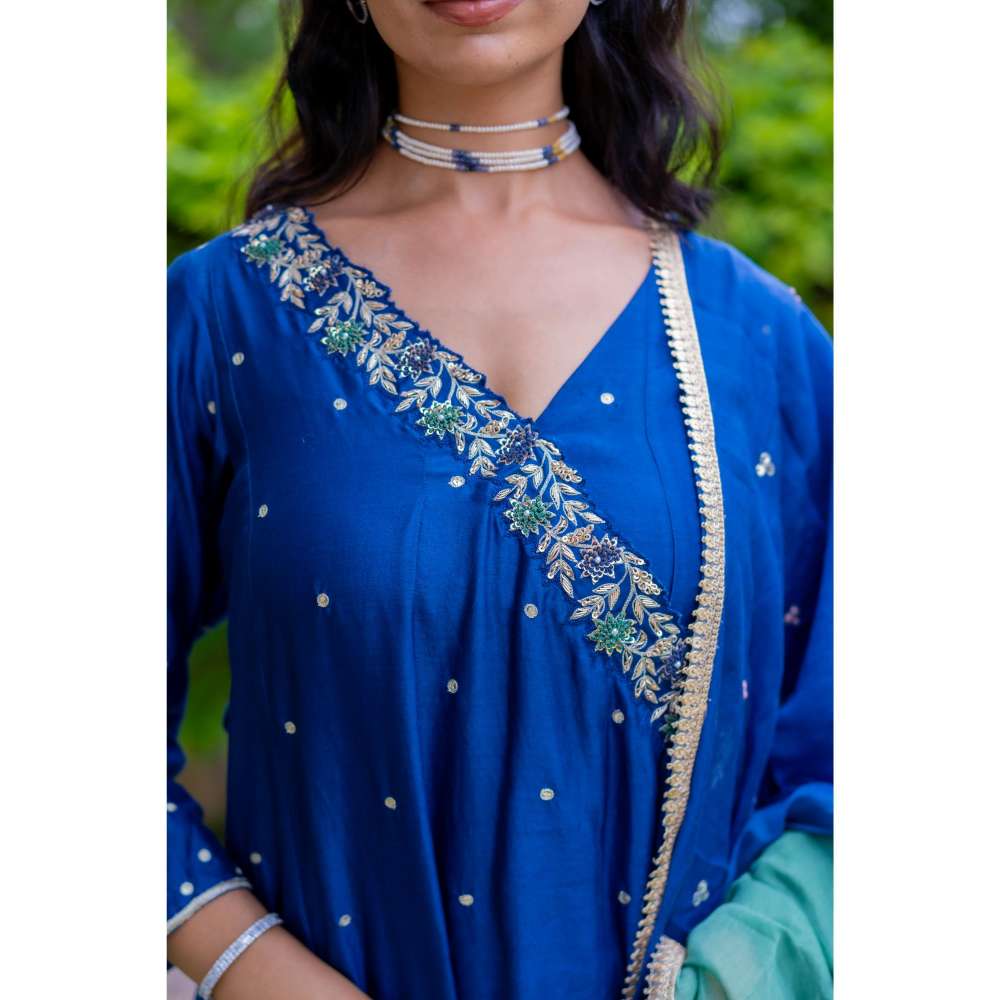 MINSH Royal Blue Angrakha Kurta With Pant And Dupatta (Set of 3)