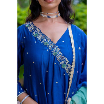 MINSH Royal Blue Angrakha Kurta With Pant And Dupatta (Set of 3)