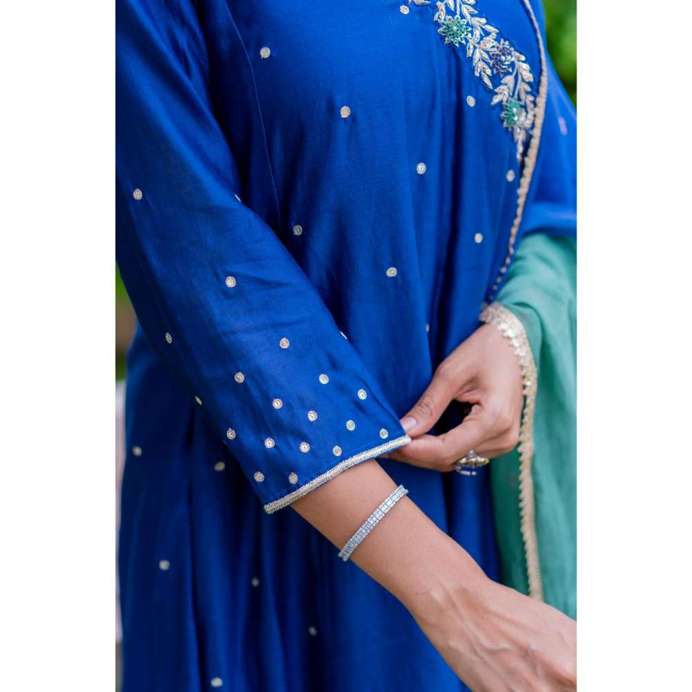 MINSH Royal Blue Angrakha Kurta With Pant And Dupatta (Set of 3)