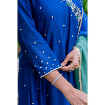 MINSH Royal Blue Angrakha Kurta With Pant And Dupatta (Set of 3)