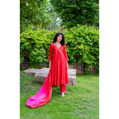 MINSH Royal Red Angrakha Kurta With Pant And Dupatta (Set of 3)