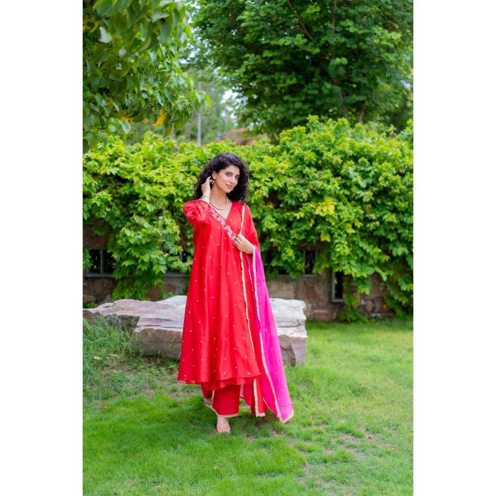 MINSH Royal Red Angrakha Kurta With Pant And Dupatta (Set of 3)