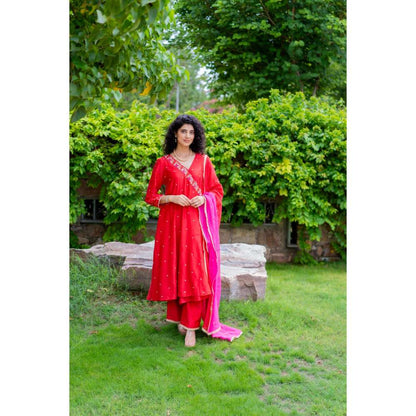 MINSH Royal Red Angrakha Kurta With Pant And Dupatta (Set of 3)