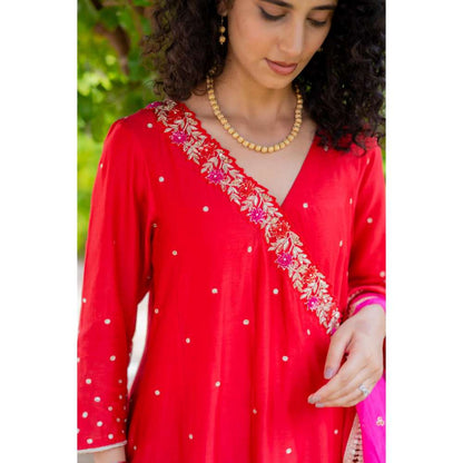 MINSH Royal Red Angrakha Kurta With Pant And Dupatta (Set of 3)