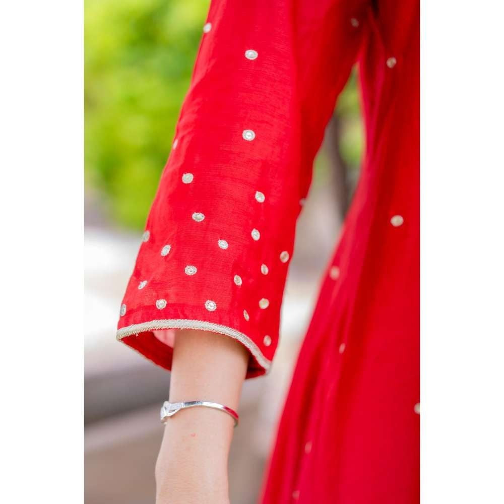 MINSH Royal Red Angrakha Kurta With Pant And Dupatta (Set of 3)