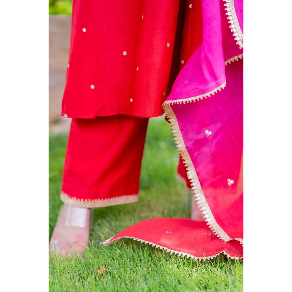 MINSH Royal Red Angrakha Kurta With Pant And Dupatta (Set of 3)