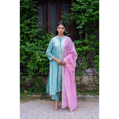 MINSH Peony Blue Kurta With Pant And Dupatta (Set of 3)