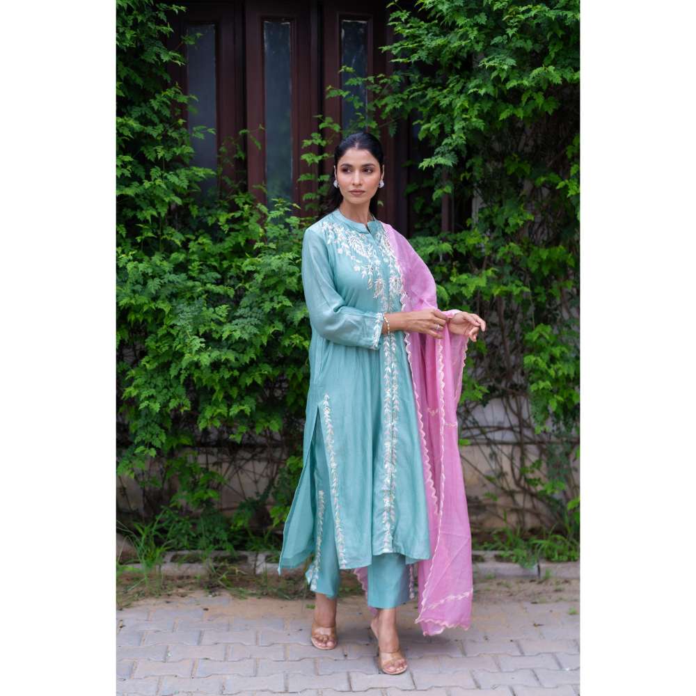 MINSH Peony Blue Kurta With Pant And Dupatta (Set of 3)