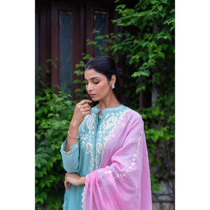 MINSH Peony Blue Kurta With Pant And Dupatta (Set of 3)