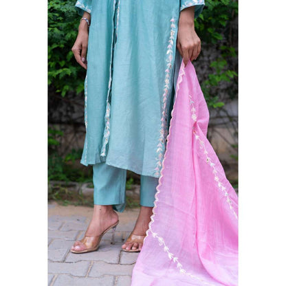 MINSH Peony Blue Kurta With Pant And Dupatta (Set of 3)