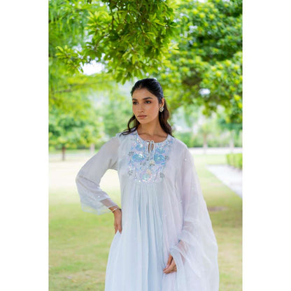 MINSH Sky Blue Kurta With Pant And Dupatta (Set of 3)