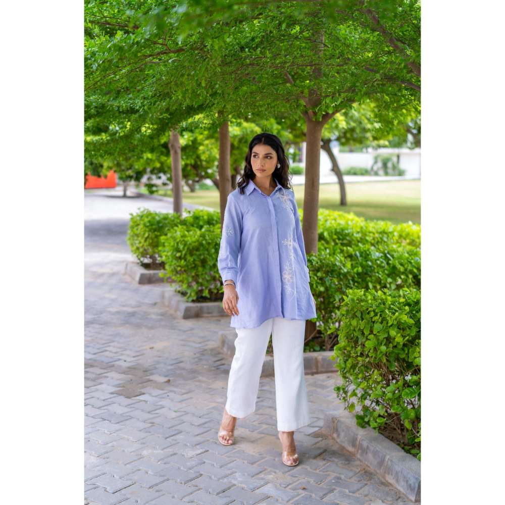 MINSH Lunara Blue Shirt Style Kurti With Pant (Set of 2)