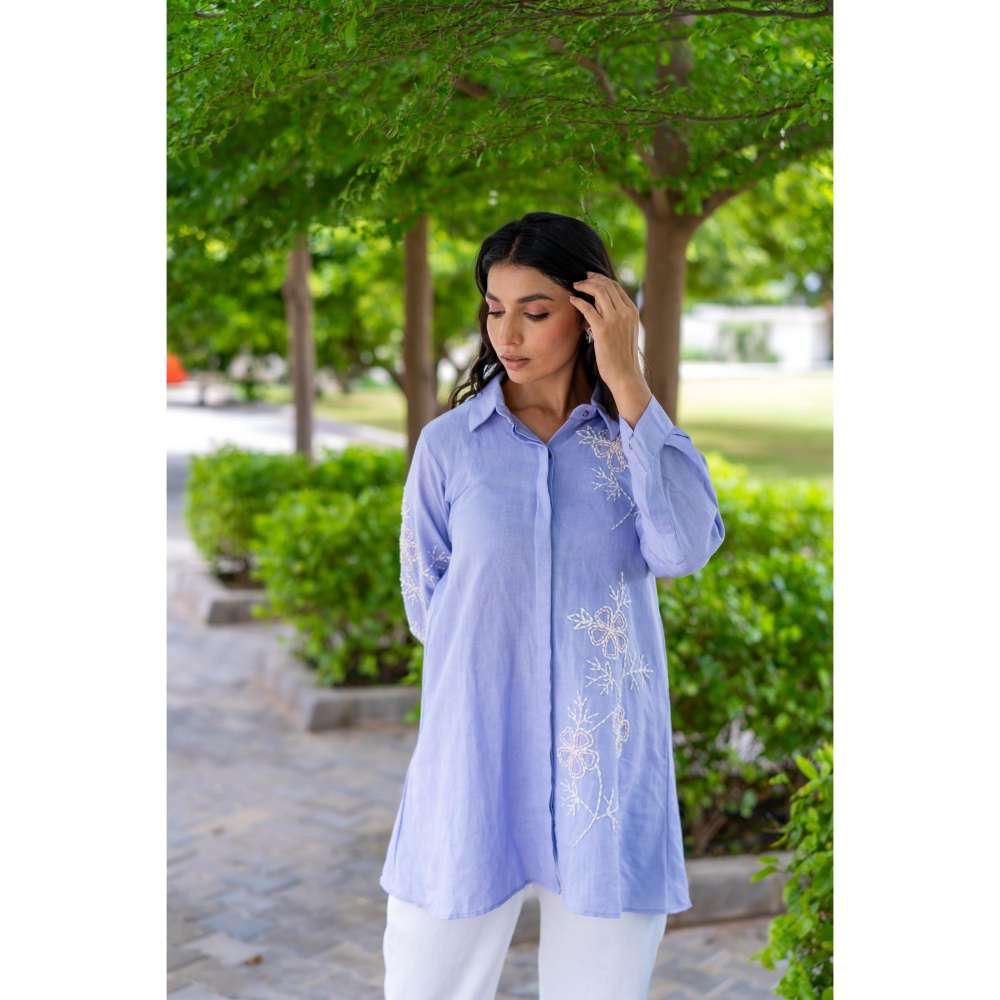MINSH Lunara Blue Shirt Style Kurti With Pant (Set of 2)