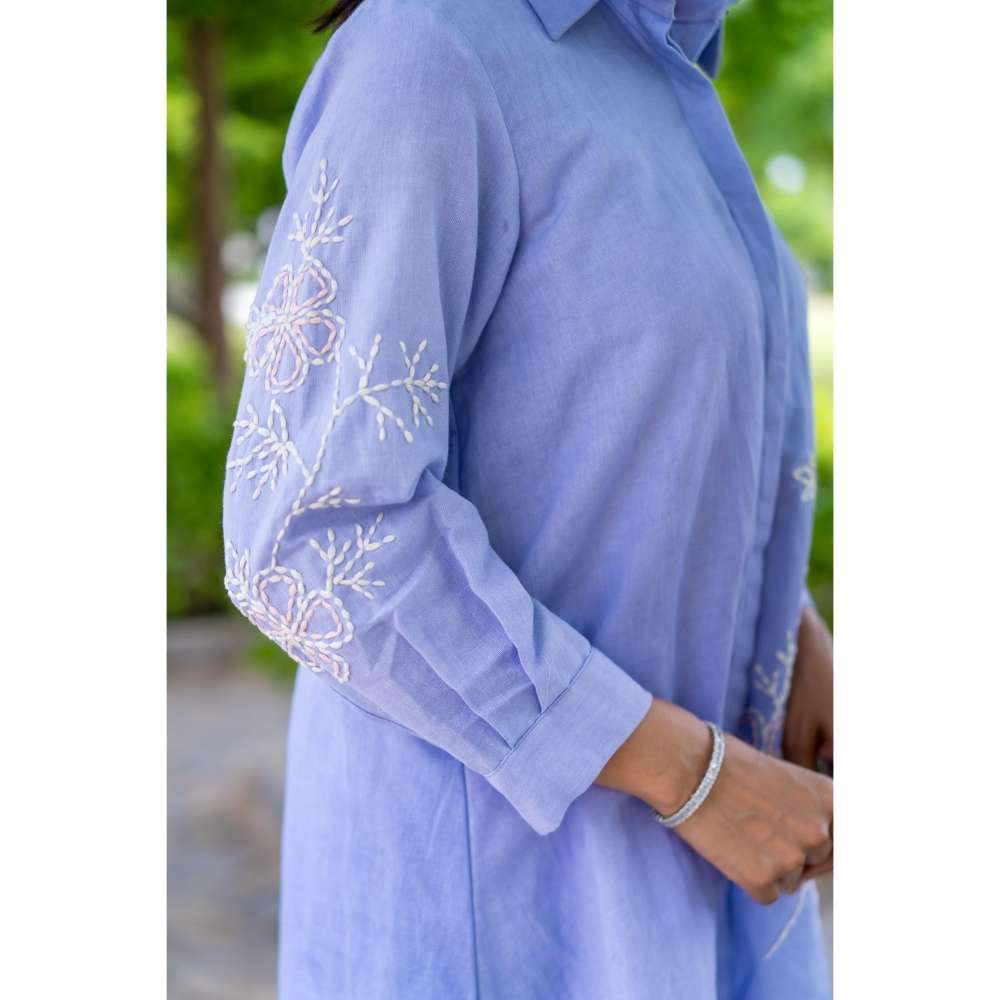 MINSH Lunara Blue Shirt Style Kurti With Pant (Set of 2)