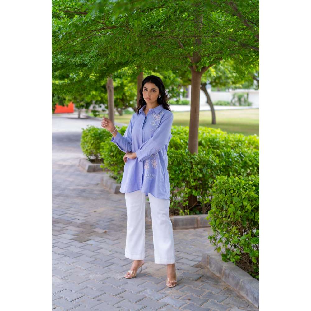 MINSH Lunara Blue Shirt Style Kurti With Pant (Set of 2)
