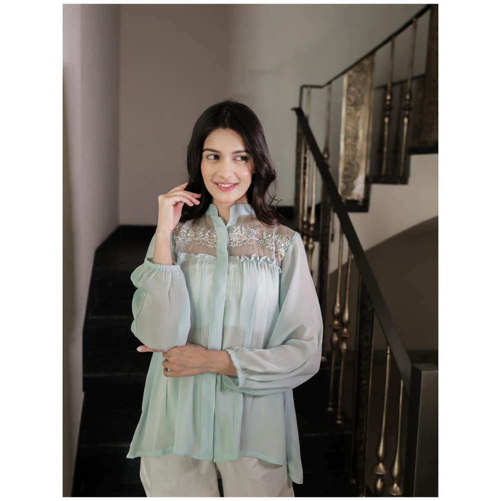 MINSH Mint Bloom Sheer Yoke Green Shirt