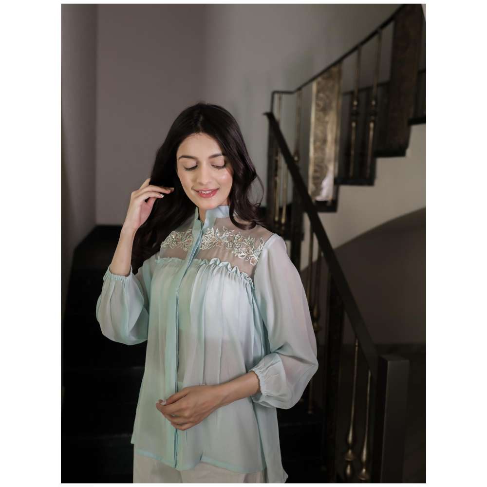 MINSH Mint Bloom Sheer Yoke Green Shirt