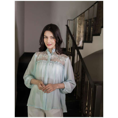 MINSH Mint Bloom Sheer Yoke Green Shirt