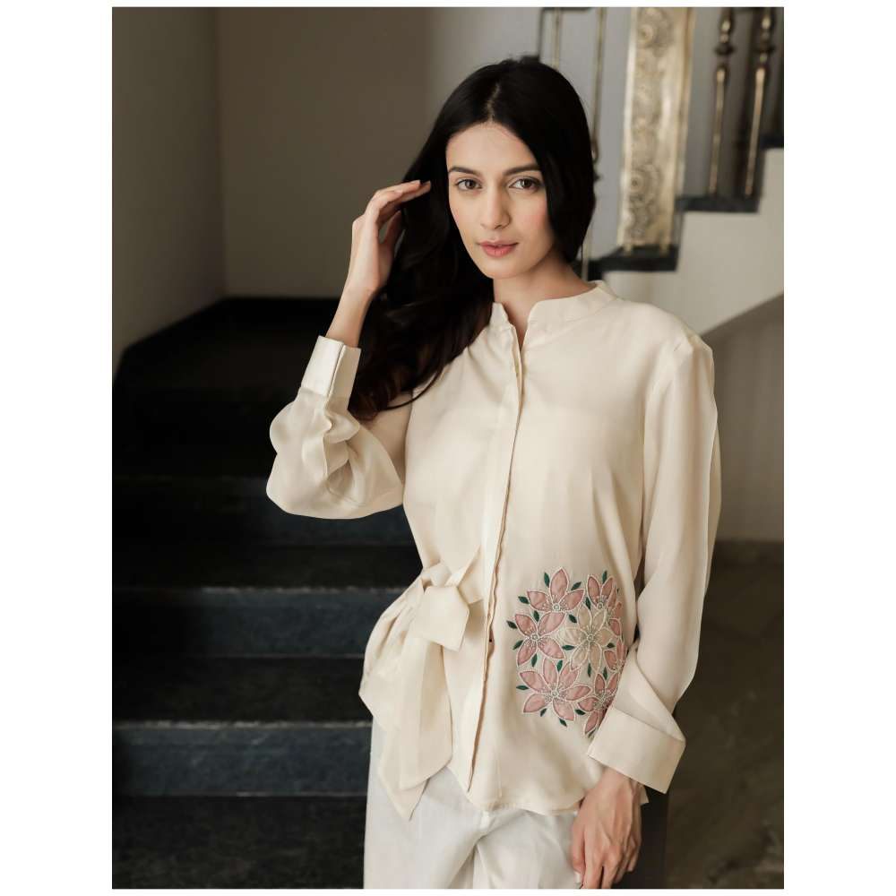 MINSH Blush Beige Side-Tie Floral Shirt