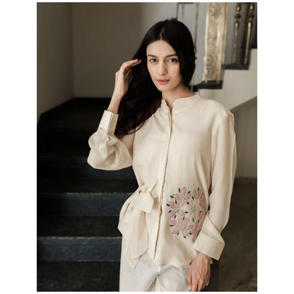 MINSH Blush Beige Side-Tie Floral Shirt