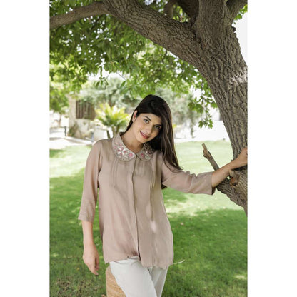 MINSH Tan Grace Embroidered Collar Top