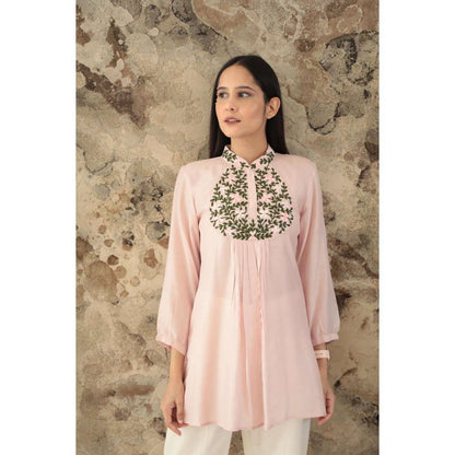 MINSH Blush Aura Embroidered Chinese Collar Pink Top