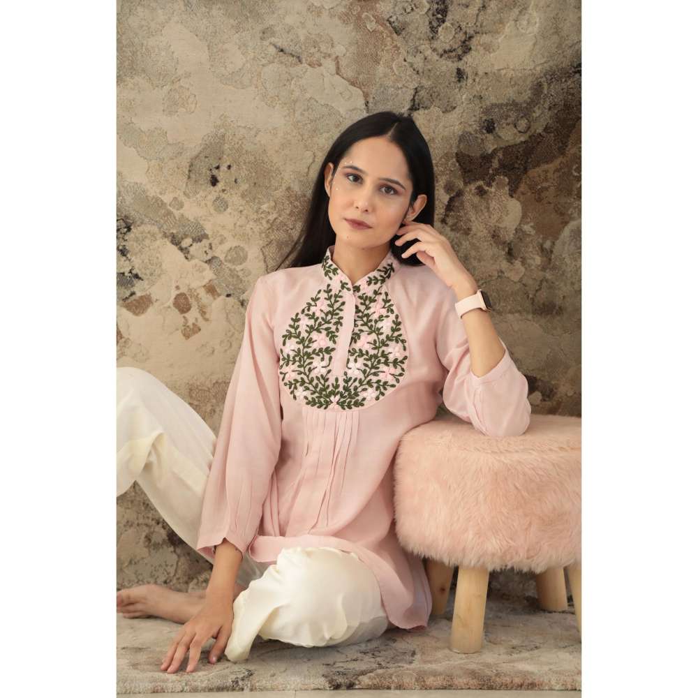 MINSH Blush Aura Embroidered Chinese Collar Pink Top