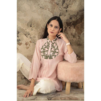MINSH Blush Aura Embroidered Chinese Collar Pink Top