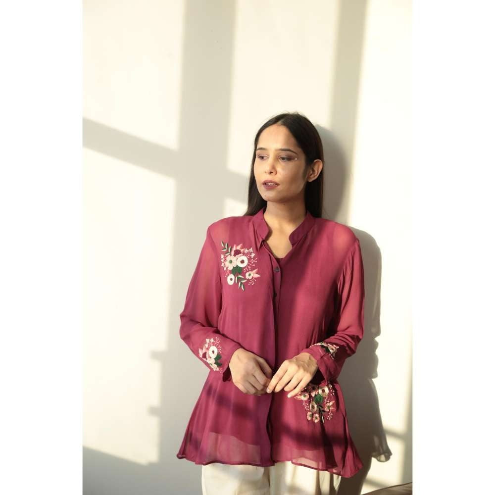 MINSH Crimson Bloom Embroidered Burgundy Shirt