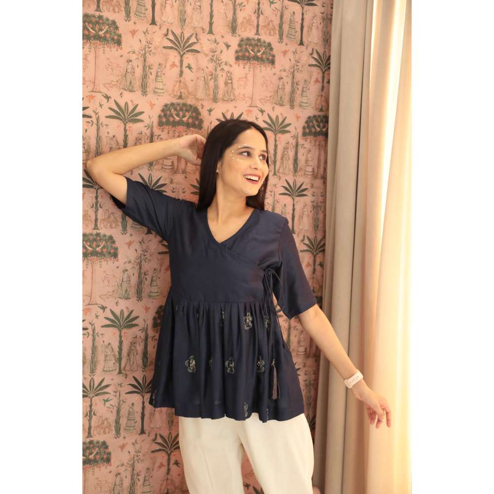 MINSH Orchid Elegance Embroidered Navy Blue Top