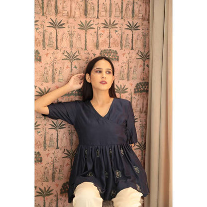 MINSH Orchid Elegance Embroidered Navy Blue Top