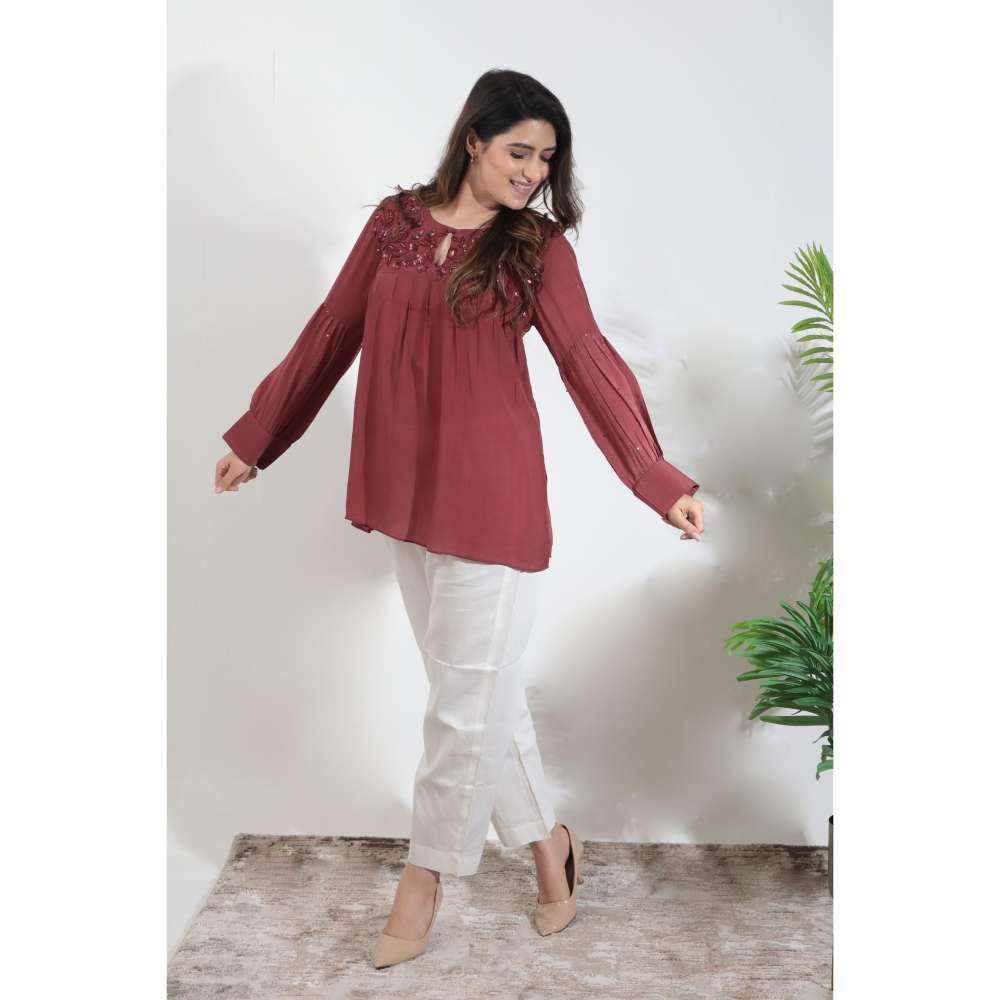 MINSH Crimson Aura Embroidered Round Neck Maroon Top