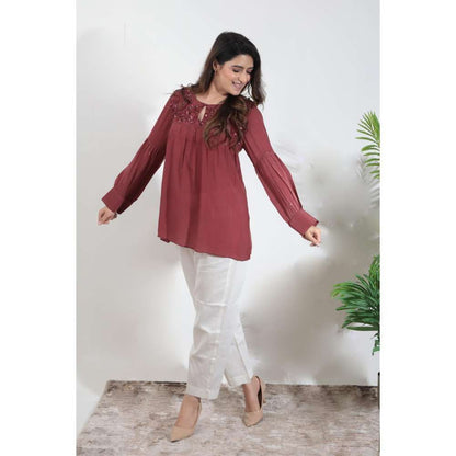MINSH Crimson Aura Embroidered Round Neck Maroon Top