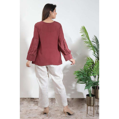 MINSH Crimson Aura Embroidered Round Neck Maroon Top