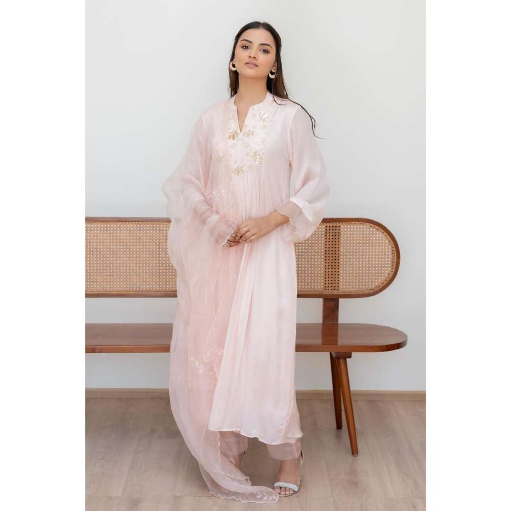 MINSH Pink Soft Meadow Anarkali with Pant and Dupatta