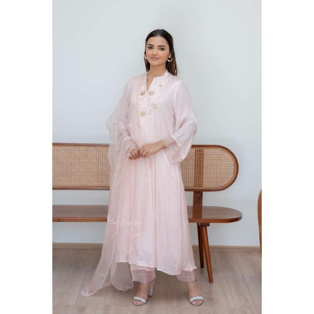 MINSH Pink Soft Meadow Anarkali with Pant and Dupatta
