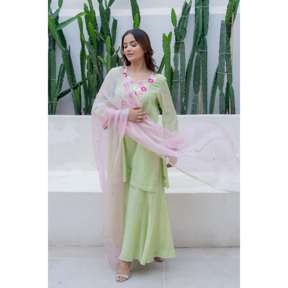 MINSH Green Silky Dreams Kurti with Palazzo and Dupatta