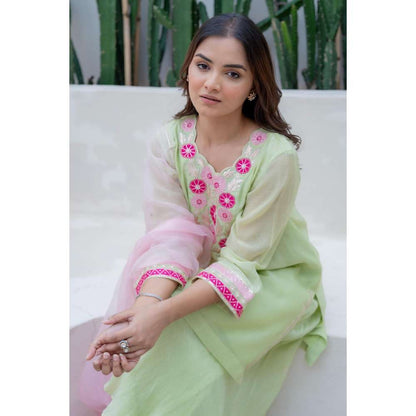MINSH Green Silky Dreams Kurti with Palazzo and Dupatta