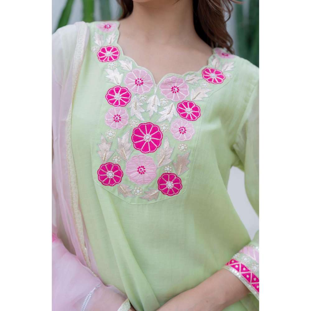 MINSH Green Silky Dreams Kurti with Palazzo and Dupatta