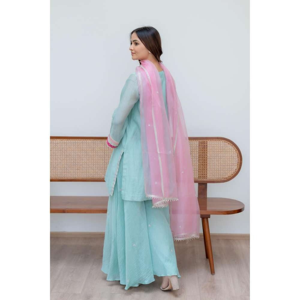 MINSH Aqua Florals Kurti with Palazzo and Dupatta