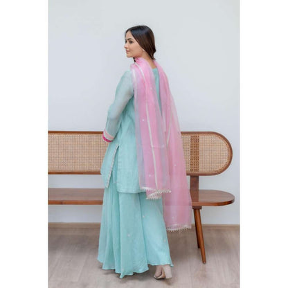 MINSH Aqua Florals Kurti with Palazzo and Dupatta