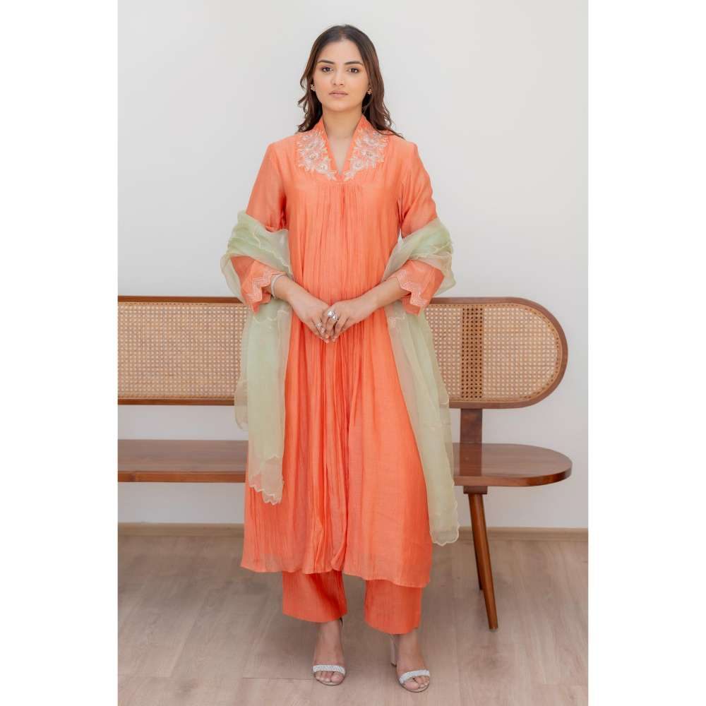 MINSH Orange Fern Anarkali with Pant and Dupatta